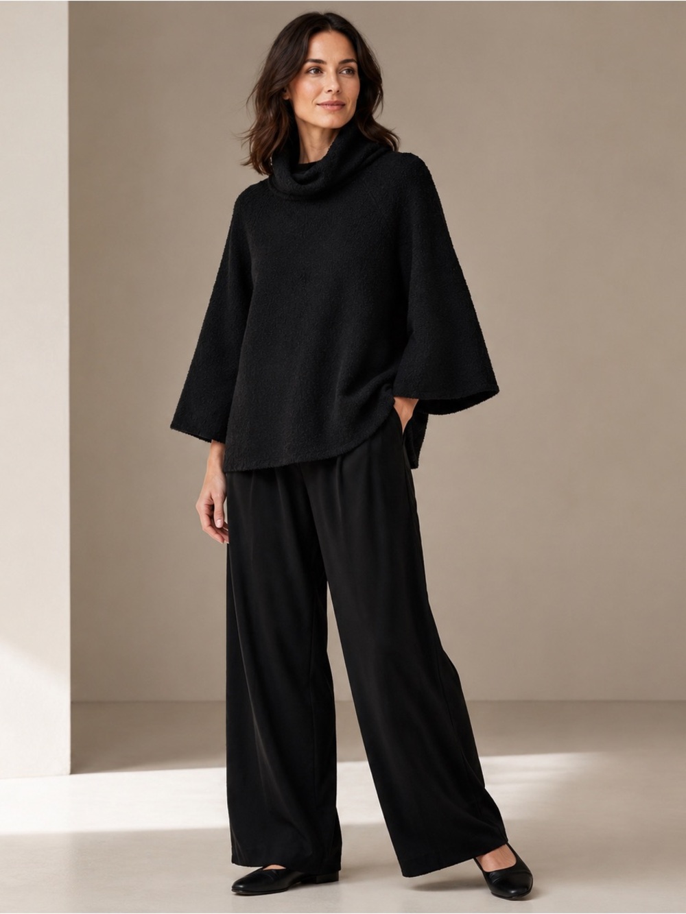 EILEEN FISHER COWL FUNNEL FLUID BOXY BLACK WOOL SWEATER TOP SZ M